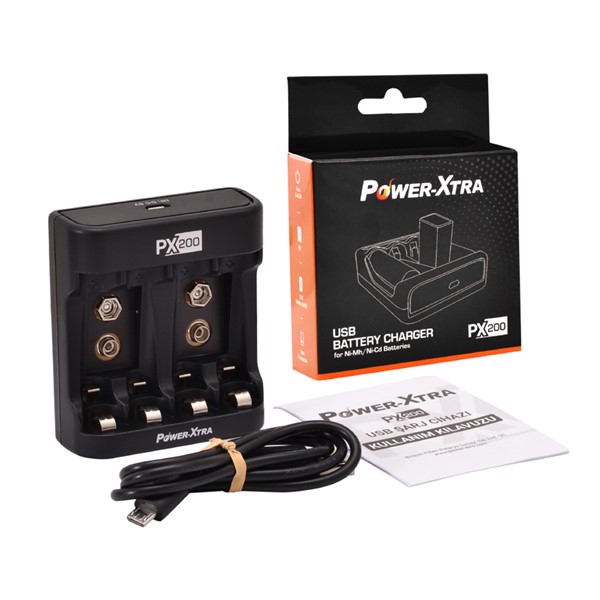 Power-Xtra PX200 Pil Şarj Cihazı + 2 Adet Varta 56722 200 Mah Şarjlı 9 V Pil